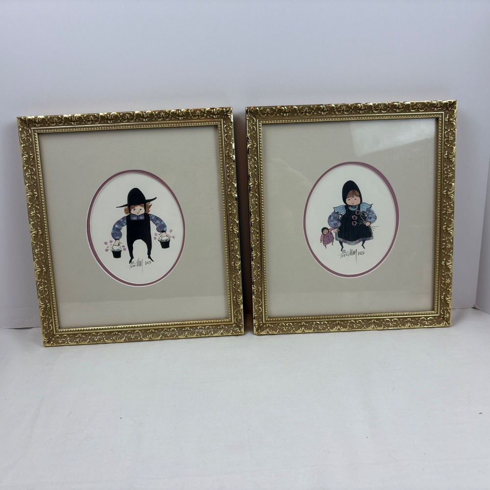 P Buckley Moss Signed Numbered Lithograph Pair 1985 Framed Art Set